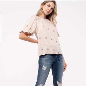 FLOWER & FEATHER | Anthropologie puff sleeve fuzzy dot blouse/top